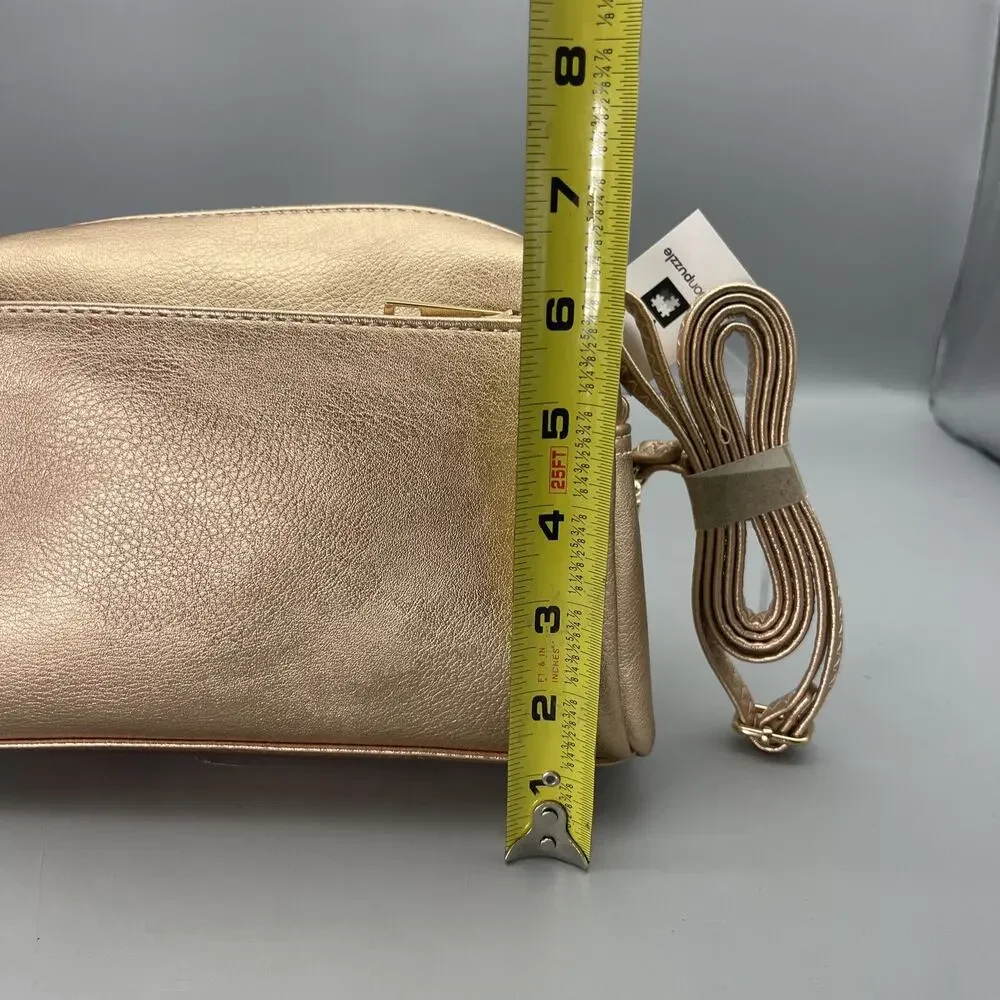 FashionPuzzle Triple Zip Small Crossbody Bag Faux Leather Rose Gold Purse NWT